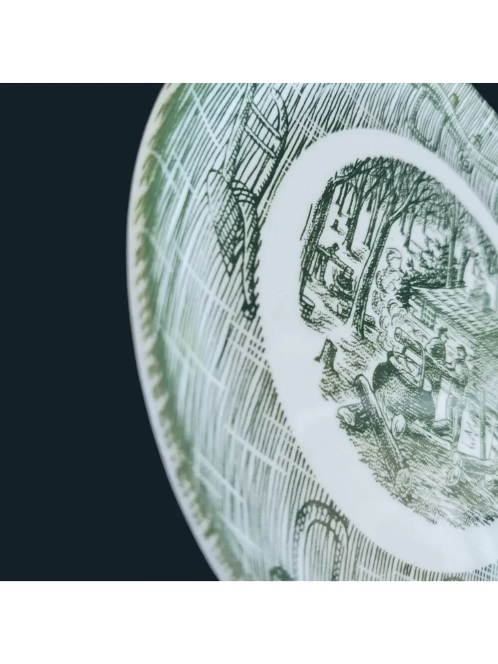 Vintage Green Transferware Currier Ives Log Cabin Pioneer Plate 8
